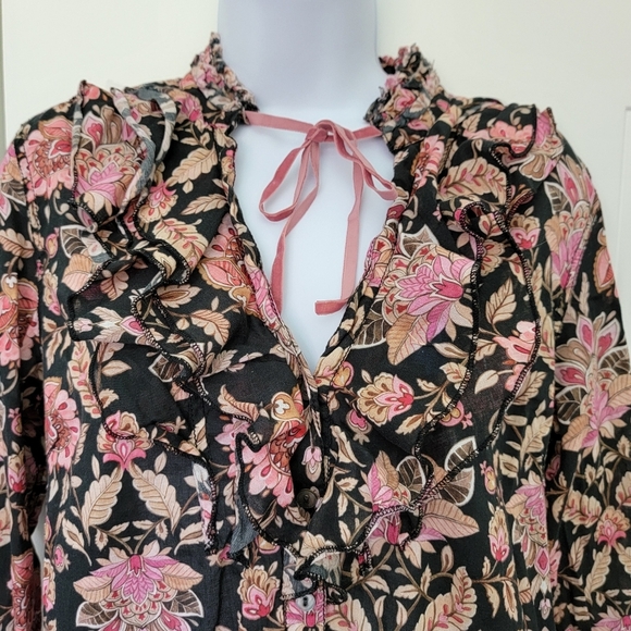Cuno 100% Cotton Women's Button Up Blouse Black Pink Floral Flutter Sleeve M - Picture 2 of 10
